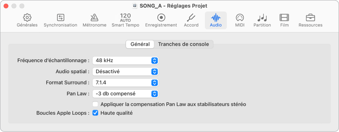 Figure. Réglages audio généraux du projet.