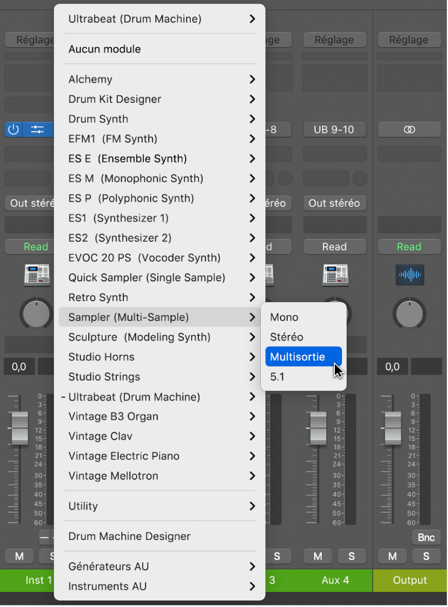 Figure. Menu local de slot d’instrument avec l’option Multisortie échantillonneur.