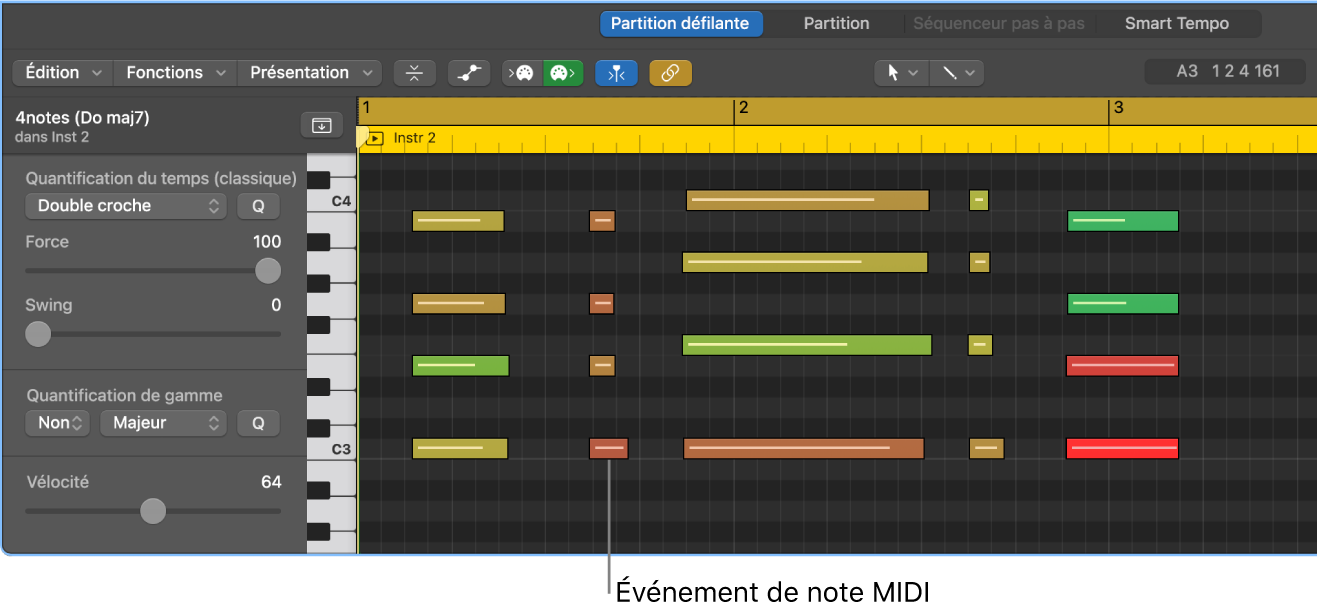 Figure. Éditeur de partition défilante, avec mise en évidence d’un évènement de note MIDI.