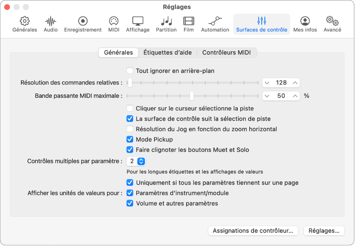 Figure. Réglages généraux des surfaces de contrôle.