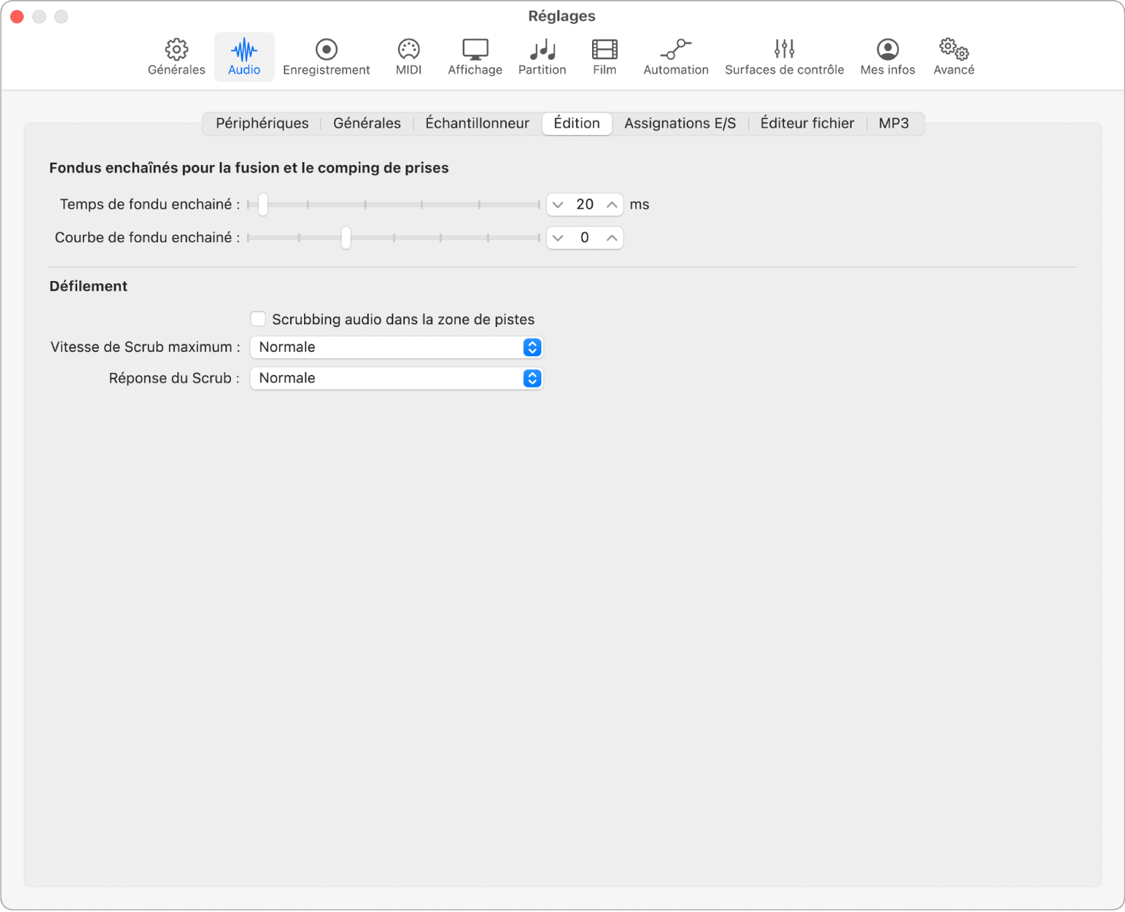 Figure. Réglages d’édition audio.