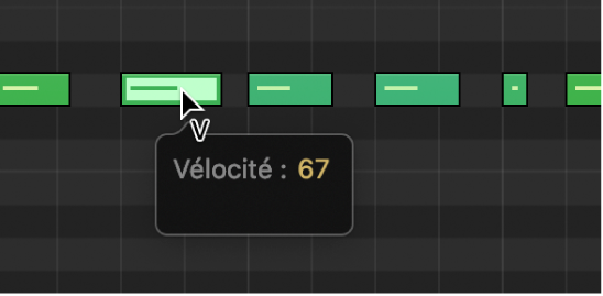 Figure. Modification de la vélocité d’une note MIDI dans la partition défilante à l’aide de l’outil Vélocité. La bulle d’aide mentionne la valeur de vélocité.