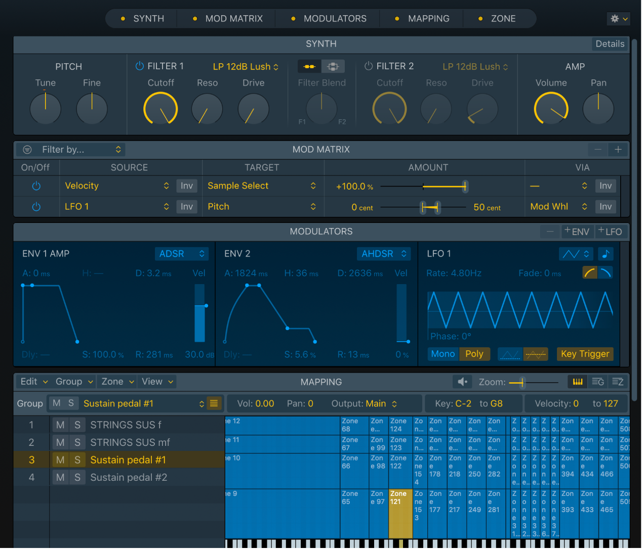 図。「Synth」パネル、「Mod Matrix」パネル、「Modulators」パネル、「Mapping」パネルが表示された、Samplerのインターフェイス。