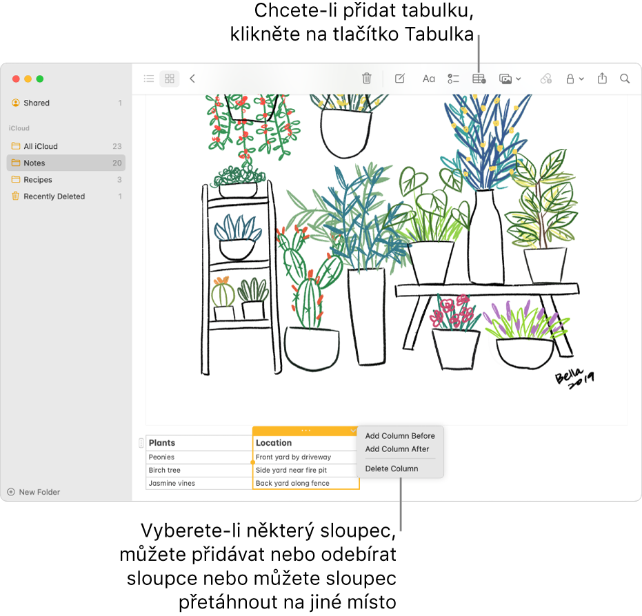 Okno aplikace Poznámky se zobrazeným tlačítkem Tabulka – kliknutím na ně přidáte tabulku. V obsahu poznámky se vybere sloupec tabulky. Pak můžete přidat nebo odstranit sloupce nebo také vybraný sloupec přetáhnout na nové místo.