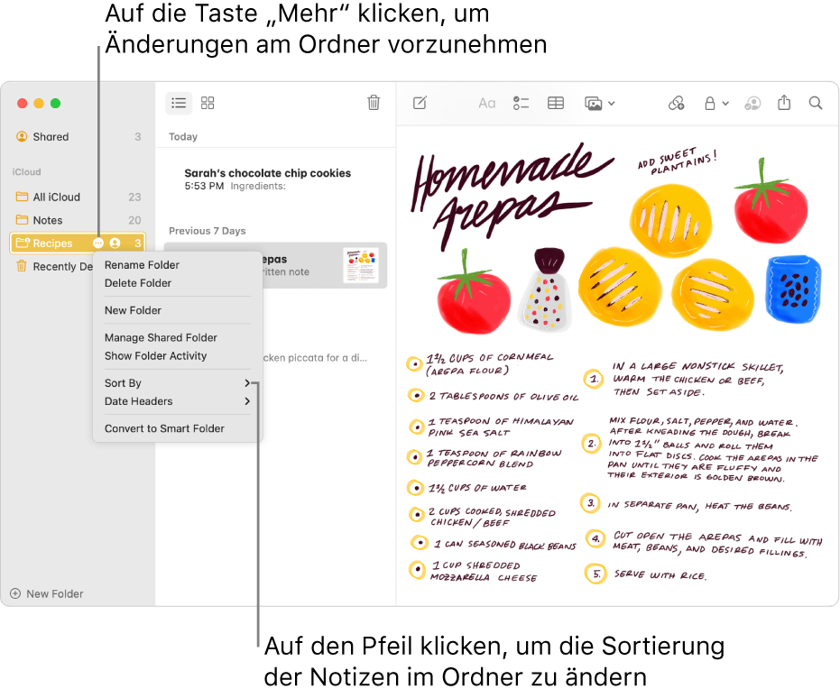 Das Fenster der App „Notizen“ mit nur einem Ordner in der Seitenleiste und der Taste „Mehr“, über die du Änderungen an einem Ordner vornehmen kannst. Über der Liste der Notizen in der Mitte ist die Option „Sortieren“ zu sehen, mit der die Reihenfolge der Notizen geändert werden kann. Klicke auf den Pfeil, um eine andere Sortierfolge auszuwählen.