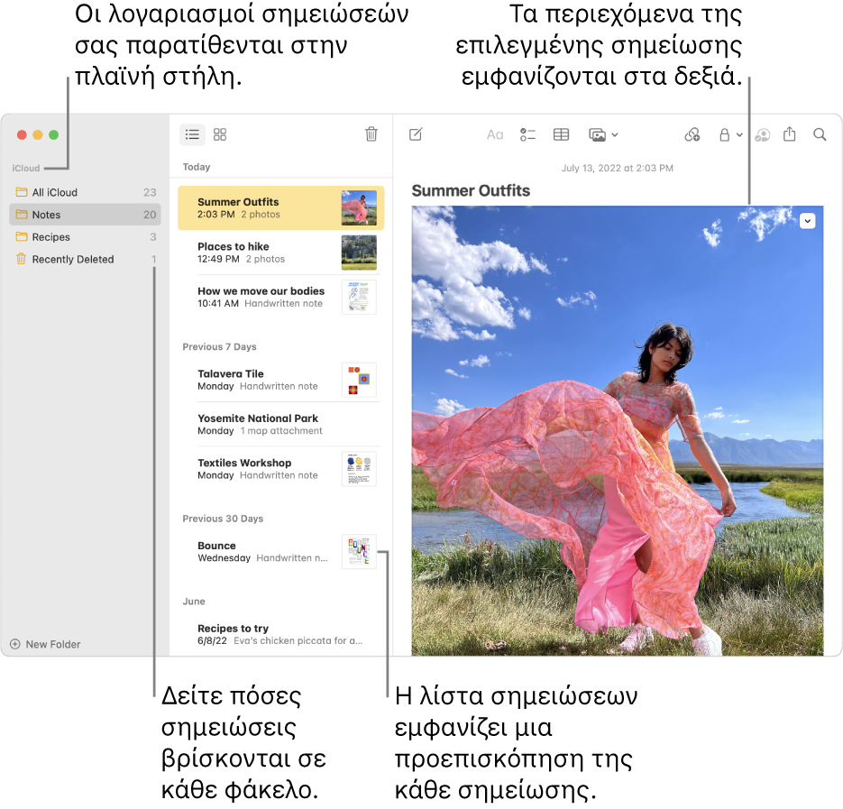 Το παράθυρο των Σημειώσεων με όλους τους διαμορφωμένους λογαριασμούς και φακέλους σας εμφανίζεται στην πλαϊνή στήλη στα αριστερά, η λίστα των σημειώσεων στη μέση εμφανίζει μια προεπισκόπηση κάθε σημείωσης και το περιεχόμενο της επιλεγμένης σημείωσης εμφανίζεται στα δεξιά. Ο αριθμός των σημειώσεων εμφανίζεται δίπλα σε κάθε φάκελο.