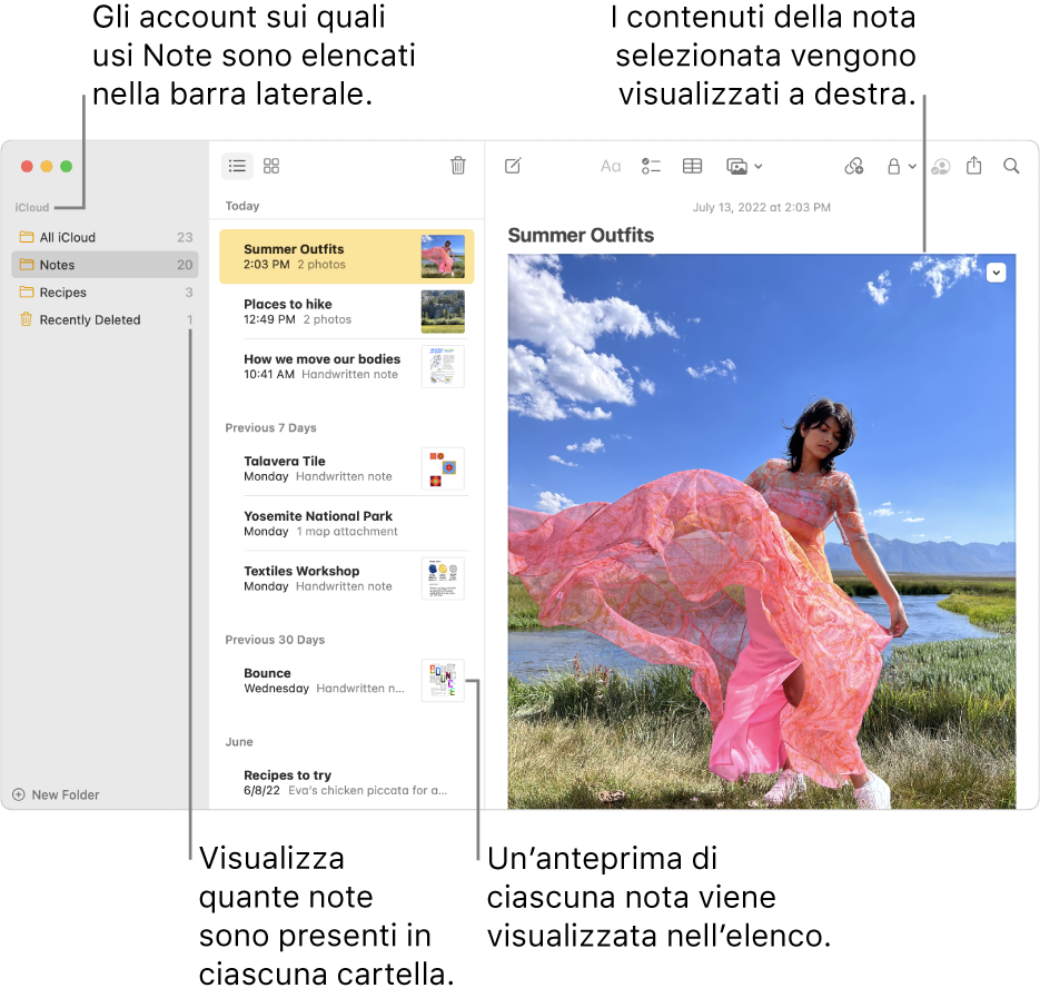 La finestra di Note, con tutte le cartelle e gli account configurati elencati nella barra laterale a sinistra, l'elenco di note al centro, con l'anteprima di ogni nota visibile, e il contenuto della nota selezionata visualizzato a destra. Il numero di note appare accanto a ciascuna cartella.