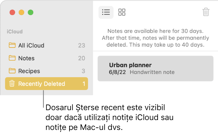 Fereastra Notițe cu dosarul Șterse recent în bara laterală și o notiță ștearsă recent. Puteți vedea dosarul Șterse recent doar dacă utilizați notițe iCloud sau notițele de pe Mac-ul dvs.