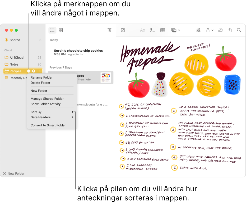 Fönstret Anteckningar med en mapp i sidofältet som visar merknappen där du kan ändra mappen. I mitten ovanför listan med anteckningar finns sorteringsalternativet som ändrar ordningen på anteckningarna. Klicka på pilen om du vill välja en annan sorteringsordning.