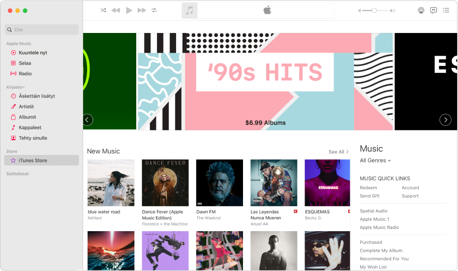 iTunes Storen pääikkuna: iTunes Store on korostettu sivupalkissa.