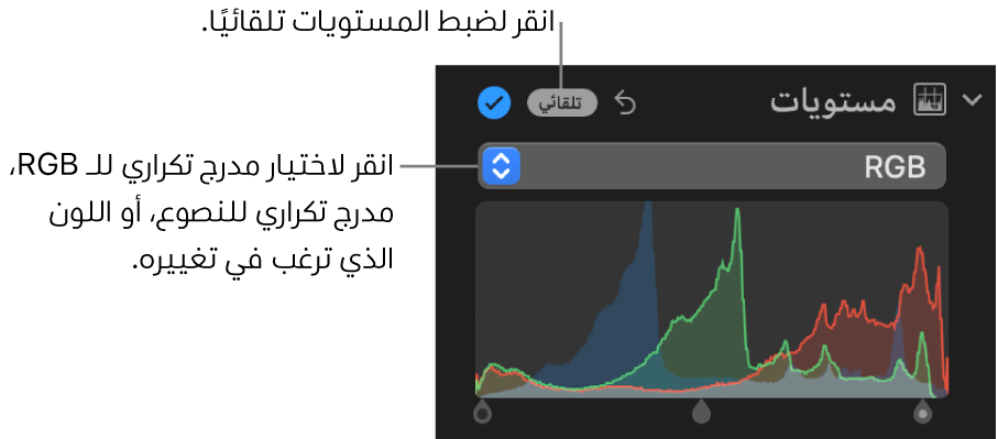 عناصر تحكم المستويات في الجزء ضبط، ويظهر الزر تلقائي في الزاوية العلوية اليسرى ومدرج RGB التكراري أدناه.