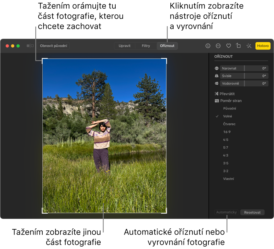 Fotka v zobrazení pro úpravy s vybranou volbou Oříznout na panelu nástrojů, výběrovým obdélníkem okolo fotky, a posuvníky narovnání, volbami poměru stran a tlačítky Automaticky a Resetovat vpravo