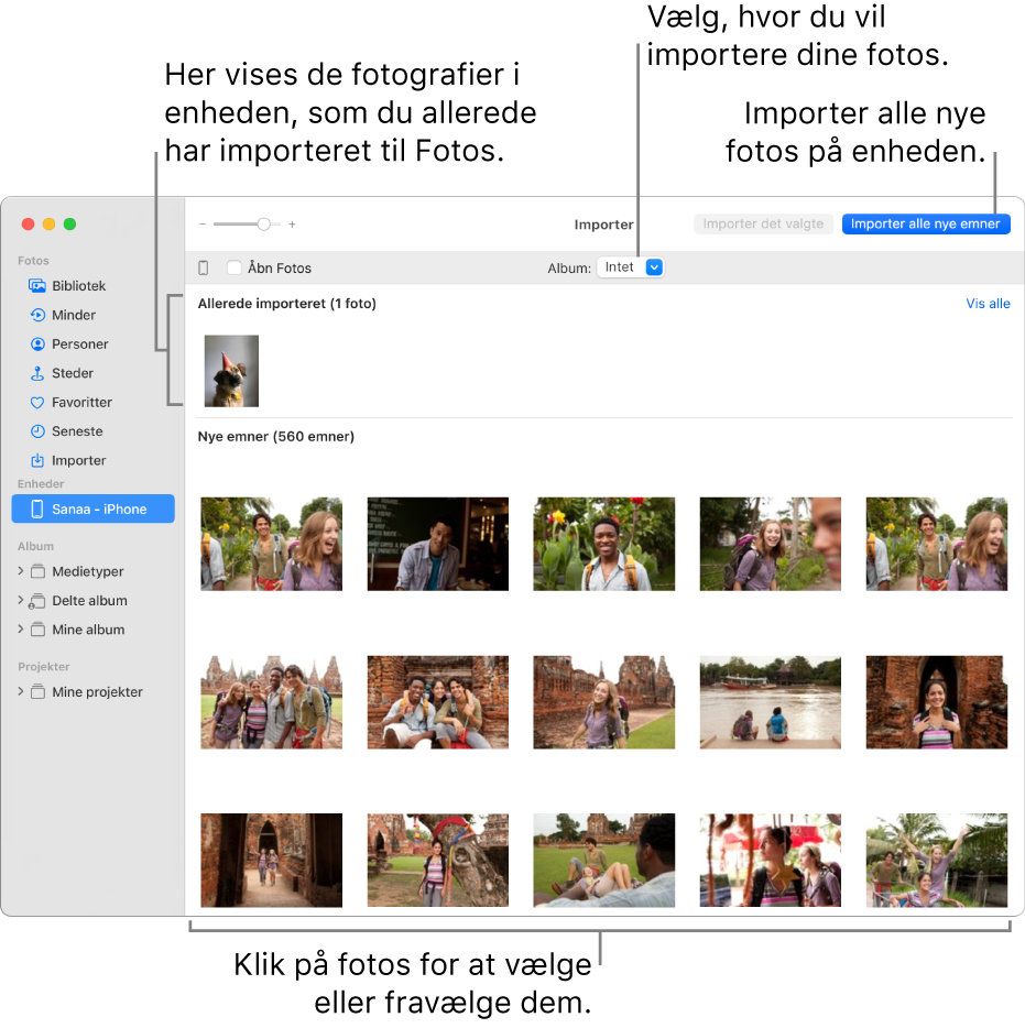 Fotos på enheden, som du allerede har importeret, vises øverst i importvinduet. Nye fotos vises nederst. Øverst i midten findes lokalmenuen Album. Knappen Importer alle nye emner findes øverst til højre.