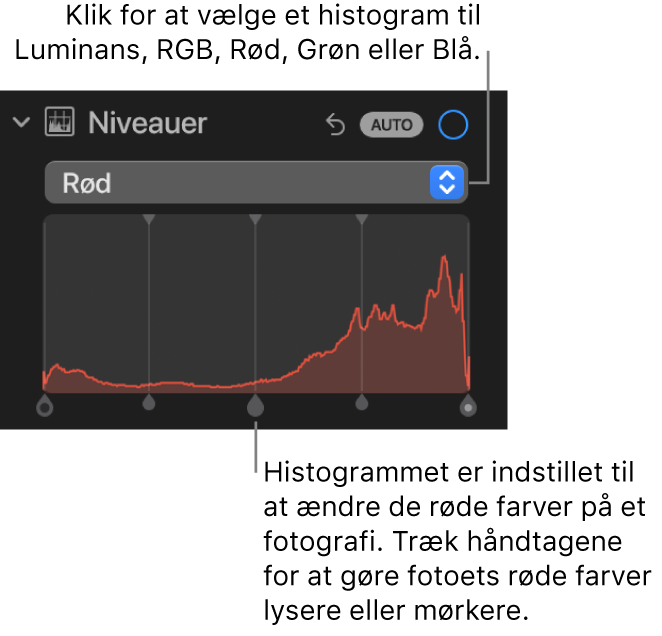 Betjeningsmulighederne til Niveauer i vinduet Juster, der viser histogrammet til rød med håndtag nedenfor til justering af de røde farveniveauer på fotoet.