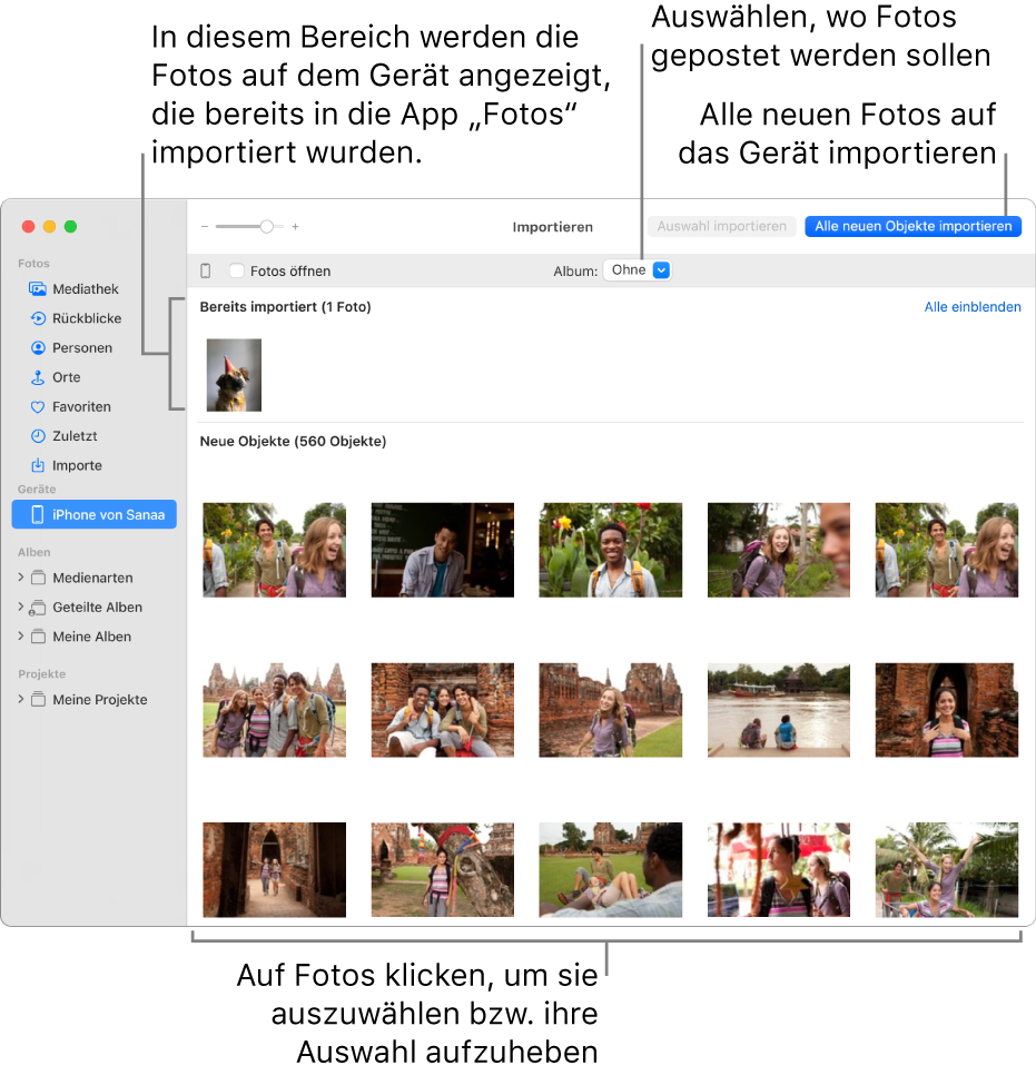 Fotos auf dem Gerät, die bereits importiert wurden, werden oben im Importfenster angezeigt, neue Fotos werden unten angezeigt. Oben in der Mitte befindet sich das Einblendmenü „Album“. Die Taste „Alle neuen Objekte importieren“ befindet sich oben rechts.