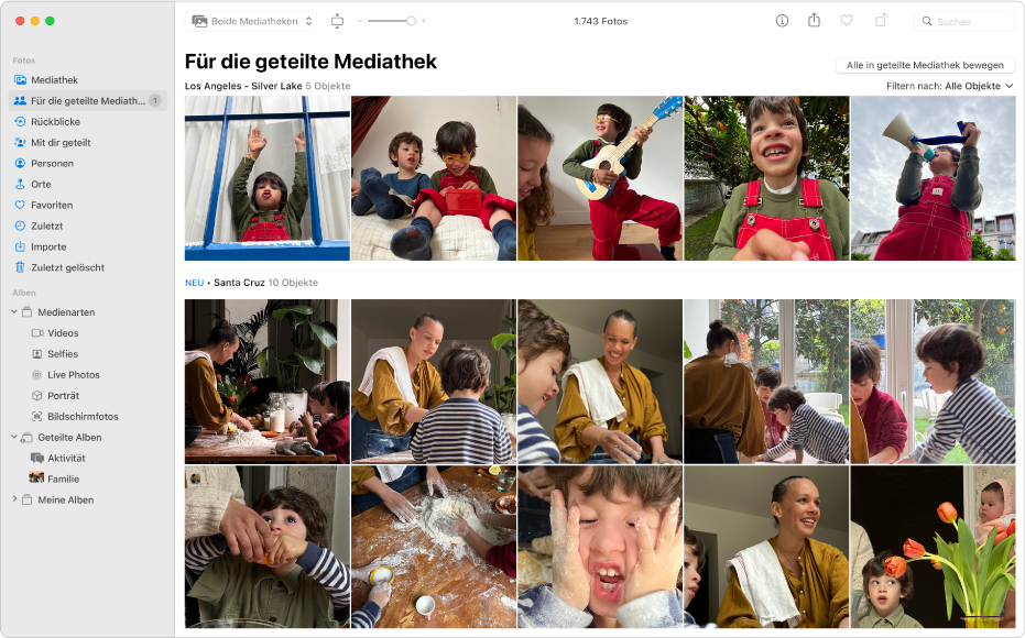 Das Fenster „Fotos“ zeigt Vorschläge für Fotos, die in einer geteilten Mediathek hinzugefügt werden können.