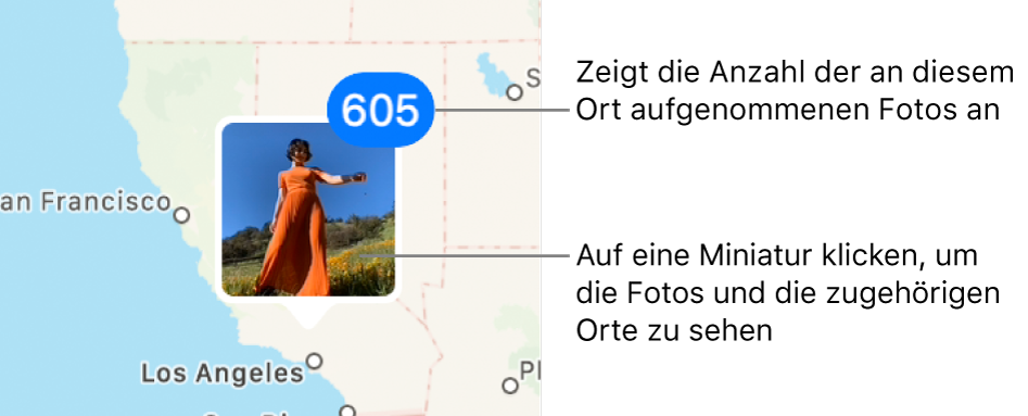 Eine Fotominiatur auf einer Karte mit einer Zahl rechts oben in der Ecke, die anzeigt, wie viele Fotos an diesem Standort aufgenommen wurden.