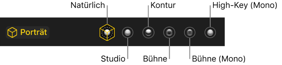 Die Optionen für die Beleuchtungseffekte eines Fotos, das im Porträtmodus aufgenommen wurde. Hierzu gehören (von links nach rechts) „Natürlich“, „Studio“, „Kontur“, „Bühne“, „Bühne (Mono)“ und „High-Key (Mono)“.