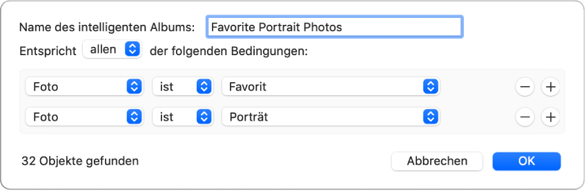Ein Dialogfenster mit den Kriterien für ein intelligentes Album, das als Favoriten markierte Porträtfotos einbezieht.