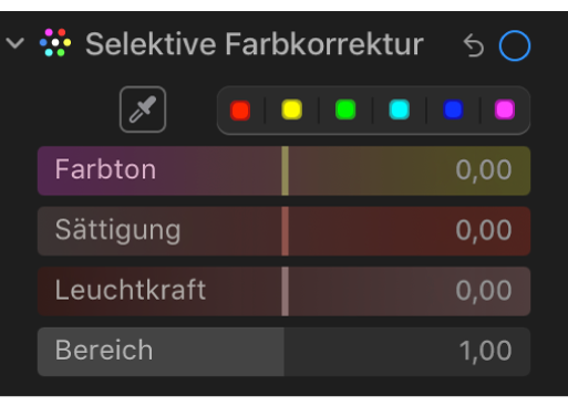 Die Steuerungen „Selektive Farbkorrektur“ im Bereich „Anpassen“ mit den Reglern für Farbton, Sättigung, Leuchtkraft und Bereich.