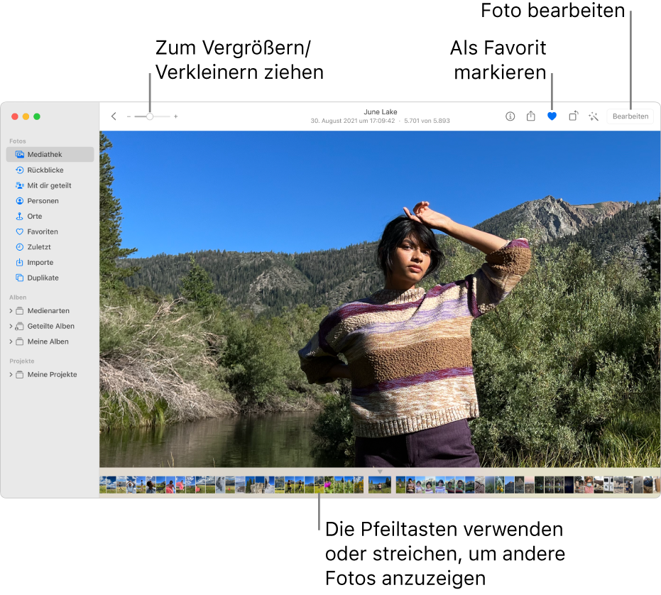Das Fenster „Fotos“ mit einem vergrößert dargestellten Foto rechts und einer Reihe von Miniaturen darunter. Die Symbolleiste oben umfasst den Zoomregler und die Tasten „Favorit“ und „Bearbeiten“.