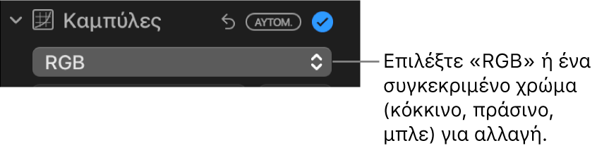Τα χειριστήρια Καμπυλών στο τμήμα «Προσαρμογή» που δείχνουν επιλεγμένο το «RGB» στο αναδυόμενο μενού.