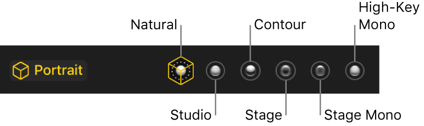 Portrait mode lighting effect choices, including (from left to right) Natural, Studio, Contour, Stage, Stage Mono and High-Key Mono.