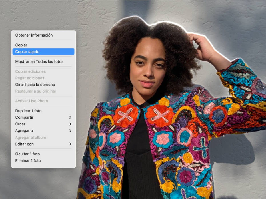 Aparece un contorno alrededor de la persona en primer plano de la foto y un menú que muestra la opción Copiar sujeto seleccionada.