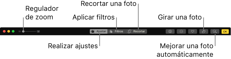 La barra de herramientas de edición mostrando un regulador de zoom y botones para realizar ajustes, agregar filtros, recortar fotos y mejorar fotos.