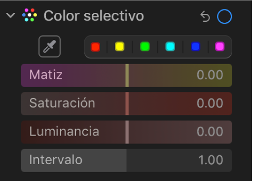 Los controles de Color selectivo en el panel Ajustar mostrando los reguladores Matiz, Saturación, Luminancia y Rango.