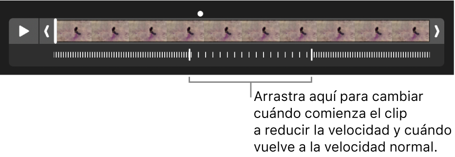 Un clip de video en cámara lenta con manijas que puedes arrastrar para cambiar el momento en el que el video comienza a reducir e incrementar de nuevo su velocidad.