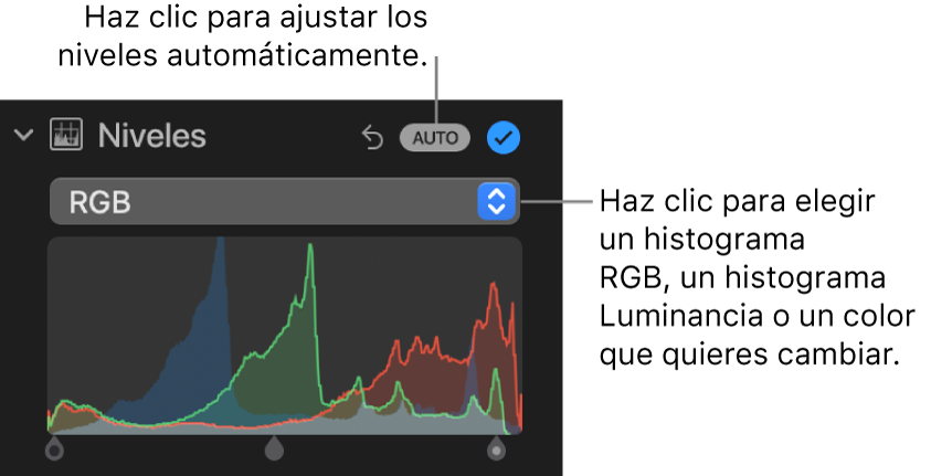 Los controles de Niveles en el panel Ajustar mostrando el botón Automático seleccionado en la parte superior derecha y el histograma RGB en la parte inferior.