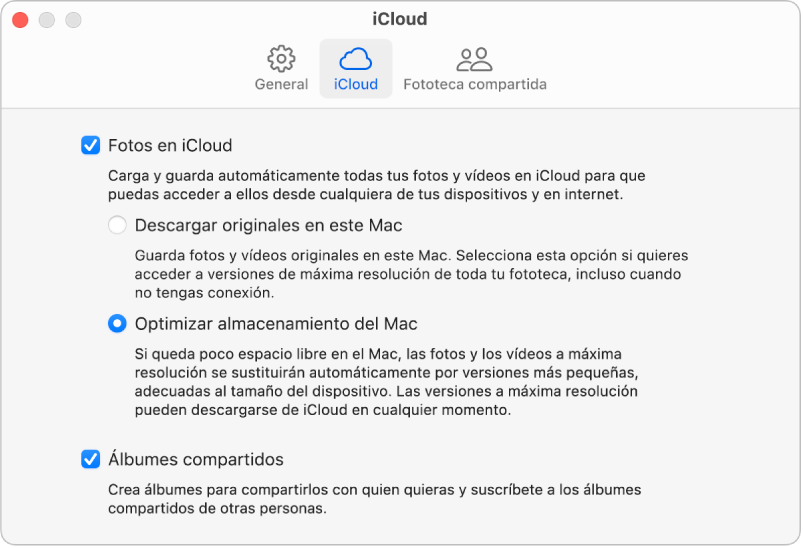 El panel iCloud de los ajustes de Fotos.