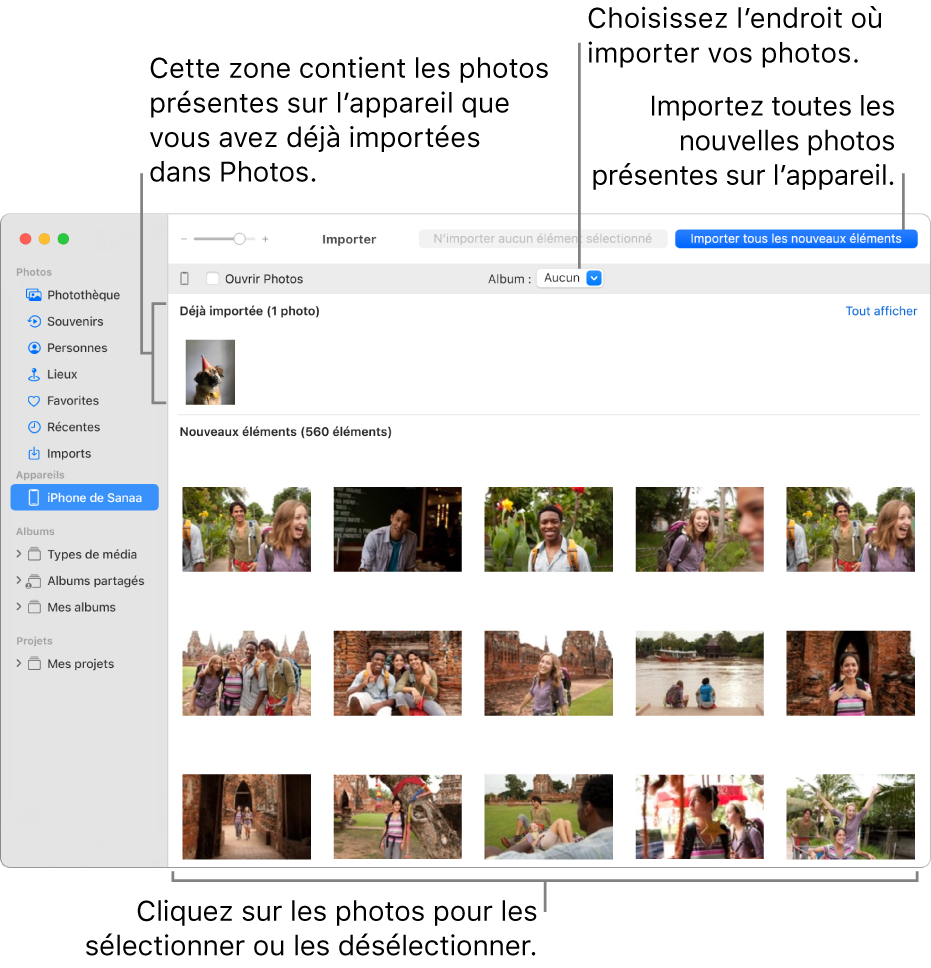 Les photos présentes sur l’appareil que vous avez déjà importées apparaissent en haut de la fenêtre Importer. Les nouvelles photos apparaissent en bas. En haut et au centre se trouve le menu local Album. Le bouton « Importer tous les nouveaux éléments » se trouve en haut à droite.