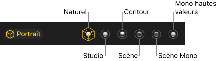 Les effets d’éclairage du mode Portrait, dont (de gauche à droite) Naturel, Studio, Contour, Scène, « Scène mono » et « Mono hautes valeurs ».