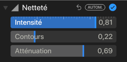 Les commandes Netteté dans la sous-fenêtre Ajuster, avec les curseurs Intensité, Contours et Atténuation.