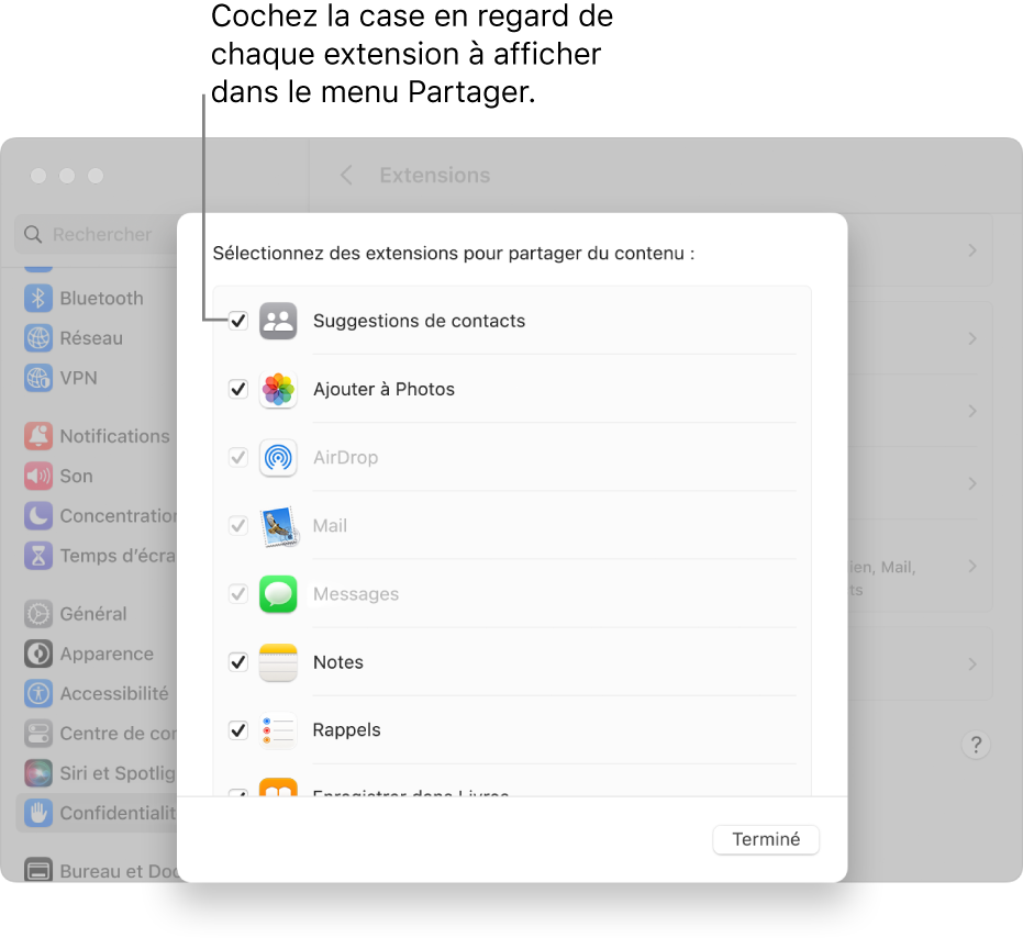 Liste d’extensions dans les réglages Extensions, avec une case à cocher en regard de chaque extension permettant de l’ajouter au menu Partager.