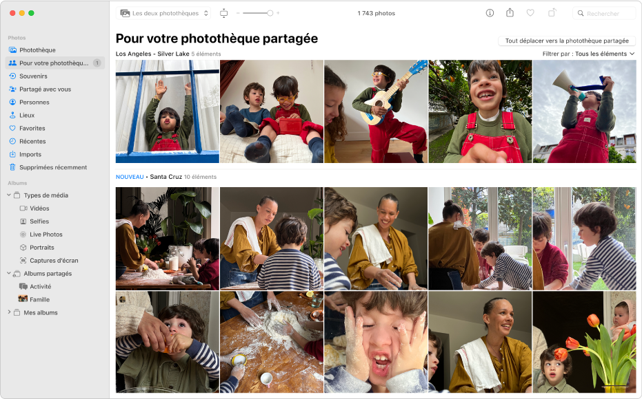 La fenêtre Photos montrant l’option « Pour votre photothèque partagée » sélectionnée dans la barre latérale et des suggestions de photos à ajouter à la photothèque partagée sur la droite.