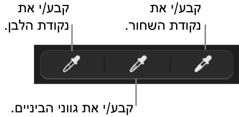 שלוש טפטפות המשמשות לבחירת הנקודה השחורה, גווני האמצע והנקודה הלבנה של התמונה.