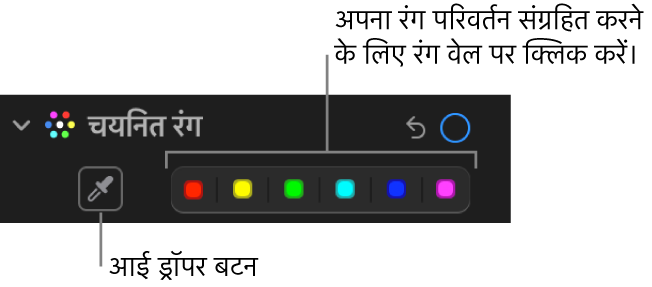 आईड्रॉपर बटन और कलर वेल दिखाता हुआ चयनित रंग नियंत्रण जो ऐडजस्ट करें पेन में है।