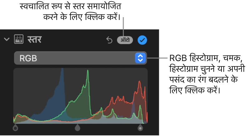 ऊपरी दाएँ कोने में ऑटो बटन और नीचे की ओर RGB हिस्टोग्राम दिखाता ऐडजस्ट करें पेन में स्तर नियंत्रण।