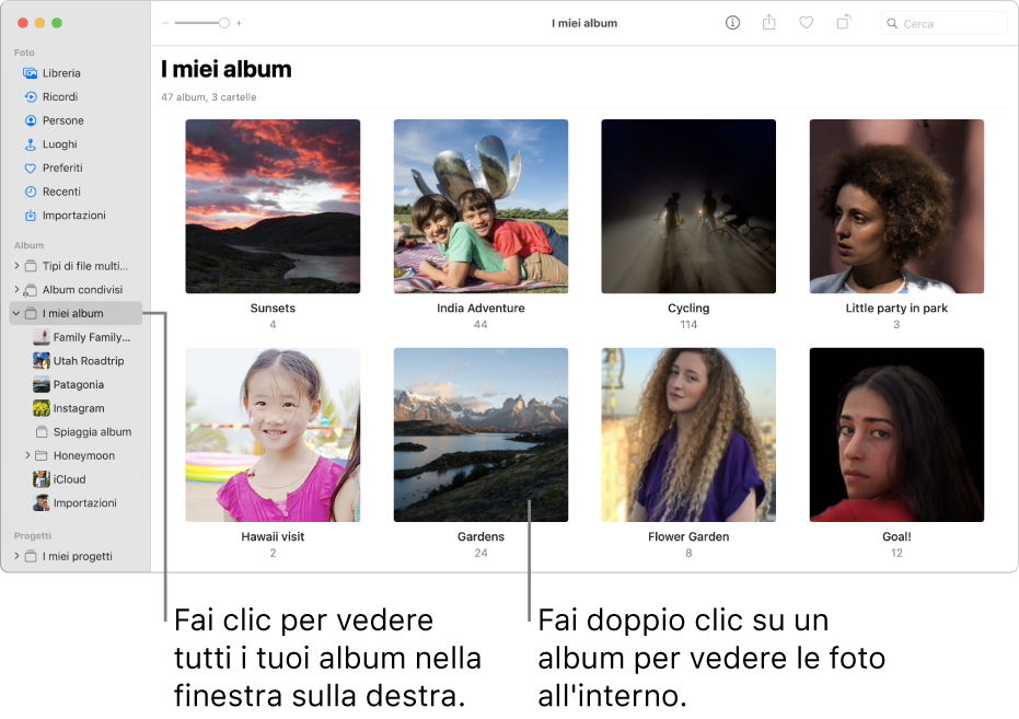 La finestra Foto con la cartella “I miei album” selezionata sulla barra laterale e gli album creati da te nella finestra a destra.