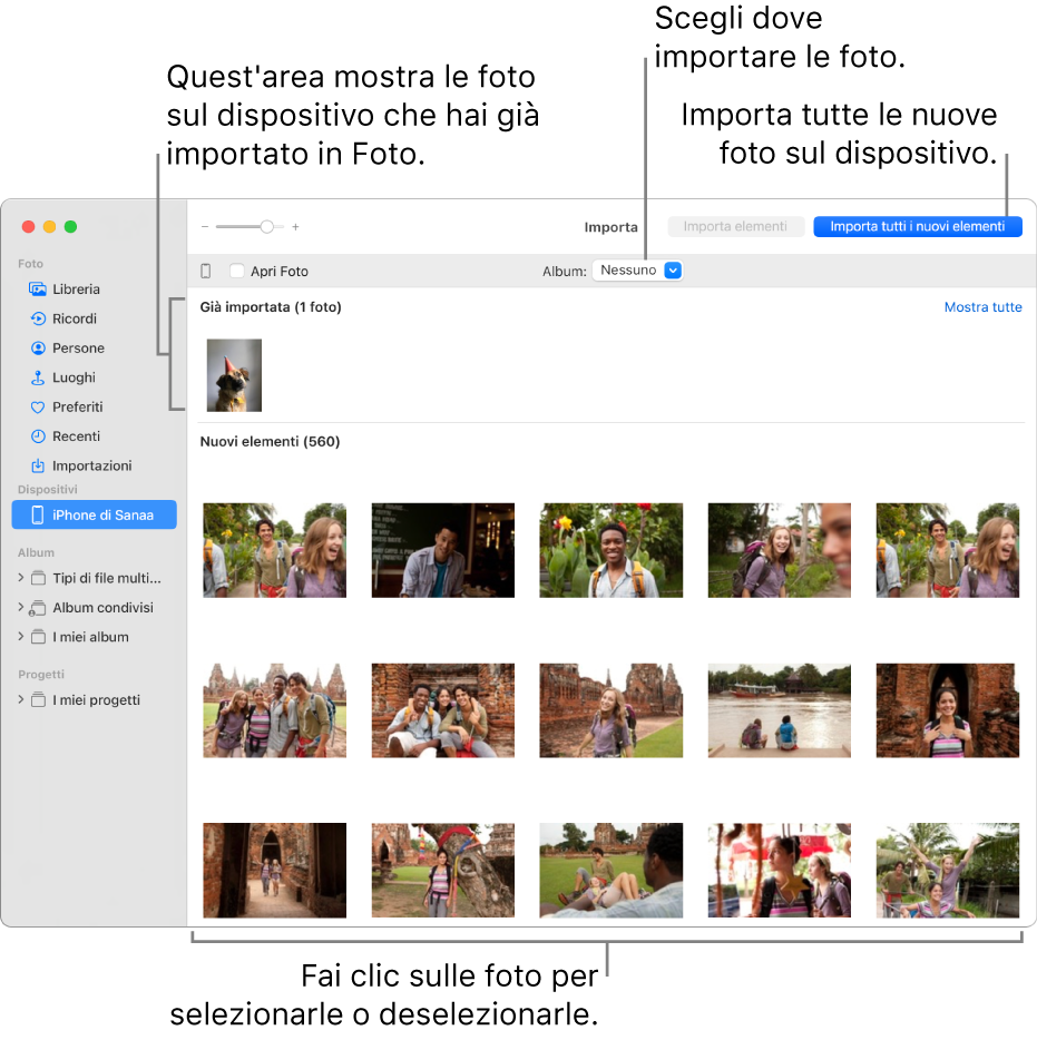 Le foto già importate nel dispositivo sono visualizzate nella parte superiore della finestra Importa, mentre le nuove foto sono nella parte inferiore. Nella parte superiore, al centro, è disponibile il menu a comparsa Album. Il pulsante “Importa tutti i nuovi elementi” si trova in alto a destra.
