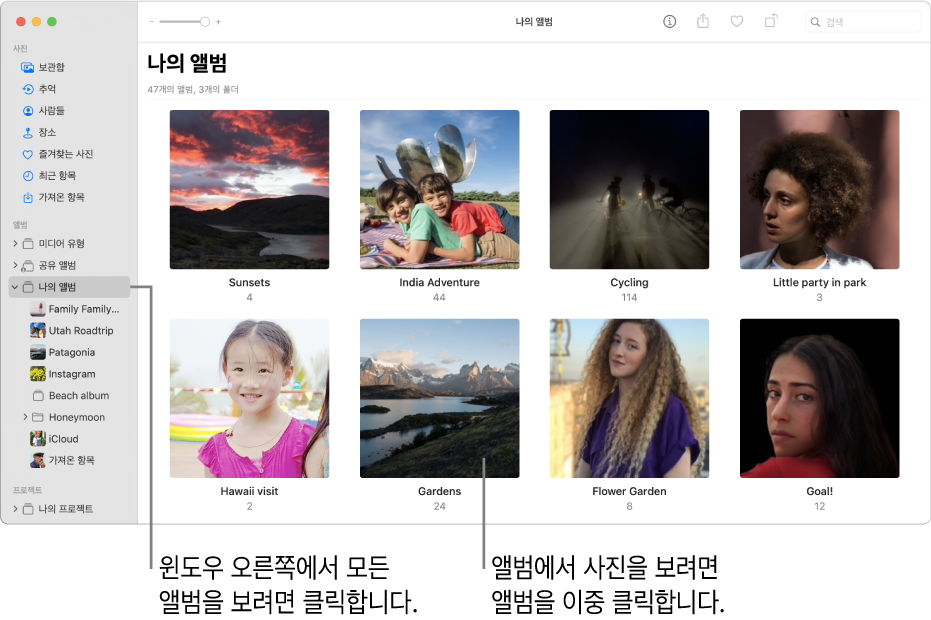 사이드바에서 나의 앨범이 선택되어 있고 생성한 앨범이 윈도우 오른쪽에 표시된 사진 앱 윈도우.
