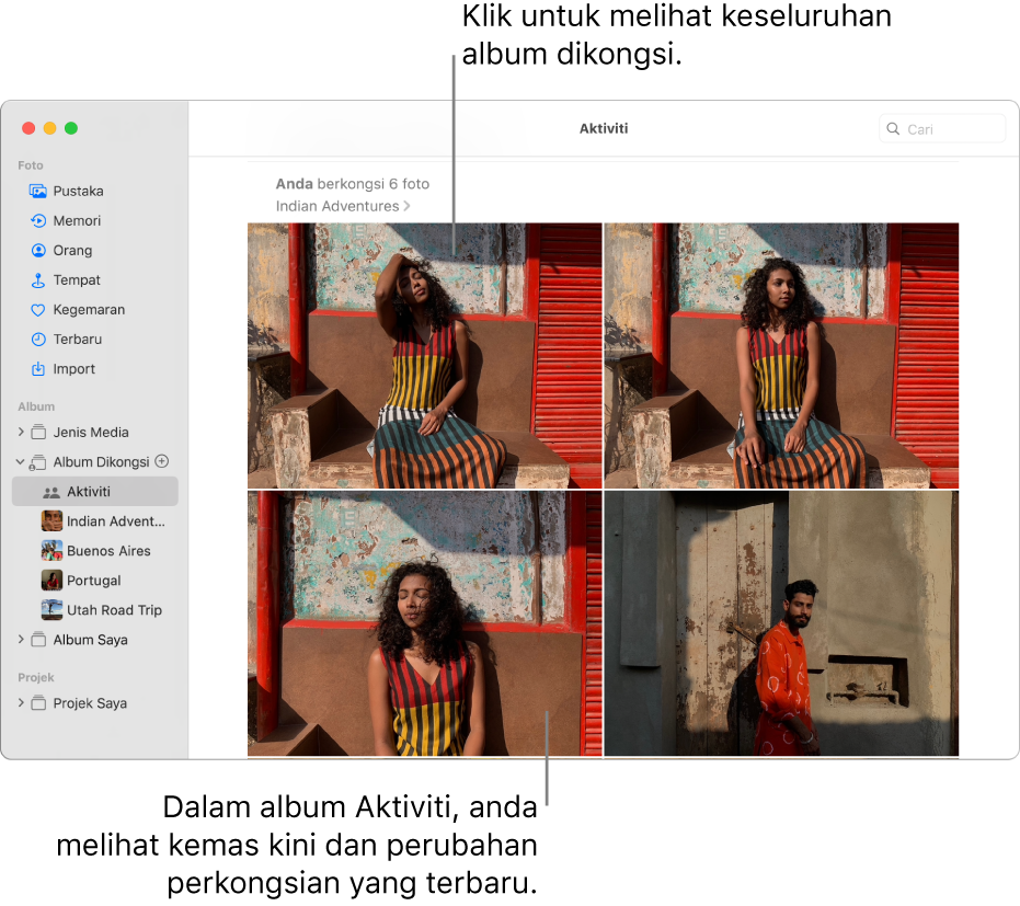 Tetingkap foto menunjukkan tetingkap dengan Aktiviti dipilih dalam bar sisi dan album Aktiviti dipaparkan di sebelah kanan.