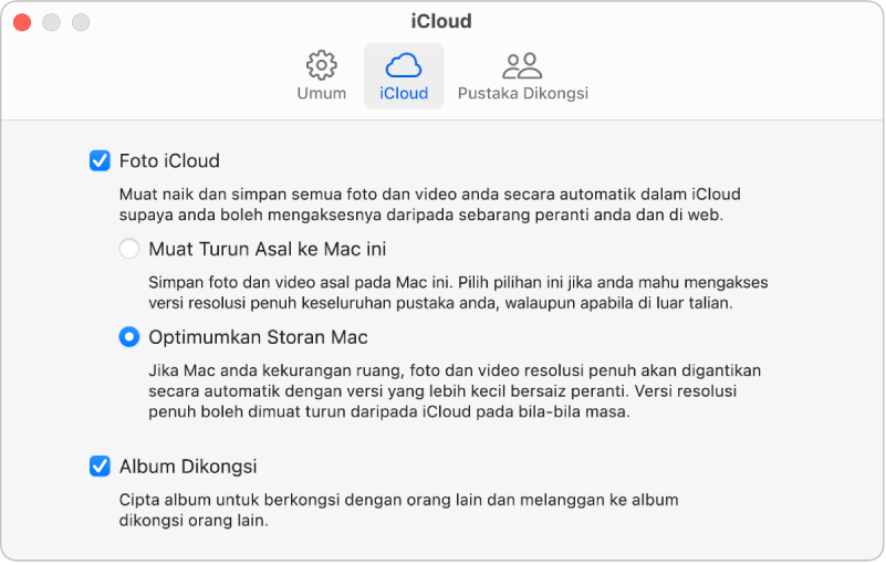 Anak tetingkap iCloud pada seting Foto.