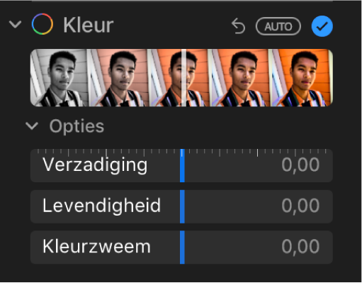 Het gedeelte 'Kleur' van het paneel 'Pas aan', met schuifknoppen voor 'Verzadiging', 'Levendigheid' en 'Kleurtemperatuur'.