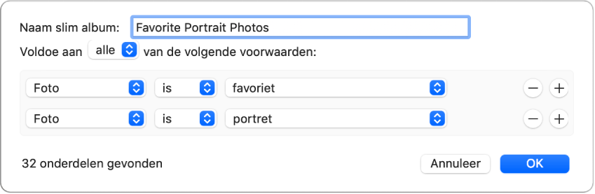 Een dialoogvenster met criteria voor een slim album met portretfoto's die als favoriet zijn gemarkeerd.