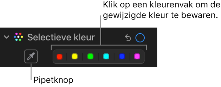 De regelaars voor 'Selectieve kleur' in het paneel 'Pas aan' met de pipetknop en de kleurenvakken.