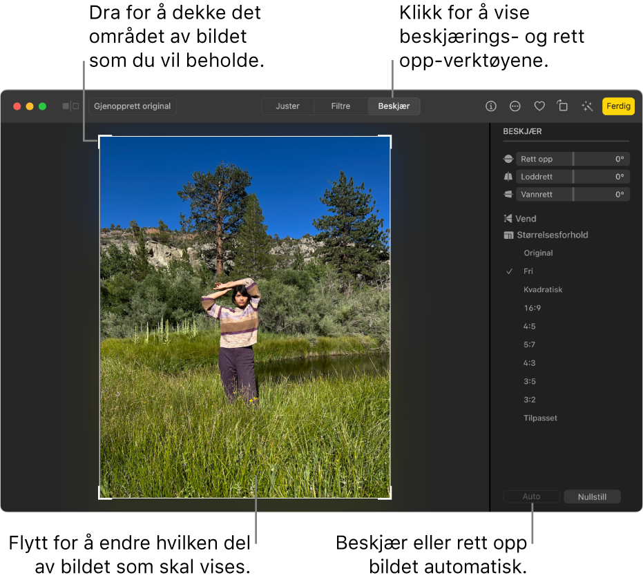 Et bilde i redigeringsvisning med Beskjær markert i verktøylinjen, et markeringsrektangel rundt bildet, samt skyveknapper for oppretting, valg for størrelsesforhold og knappene Auto og Nullstill til høyre.